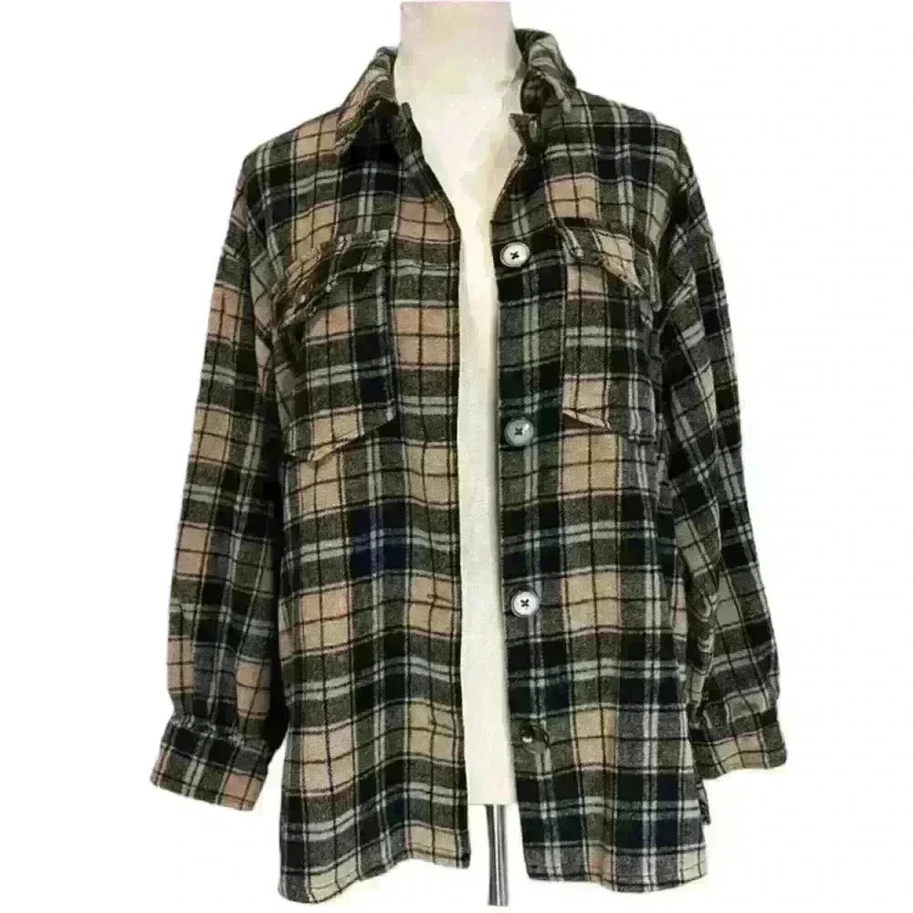 Forever 21 Ladies Black And Tan Heavy Buffalo Plaid Button Down Shirt Size Small - Picture 2 of 15